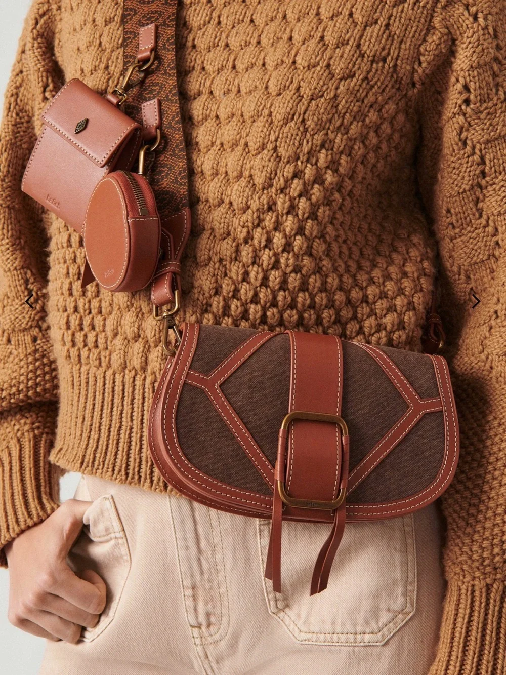ba&sh Blue Denim and Tan Leather-Trim Crossbody with Detachable Pouches